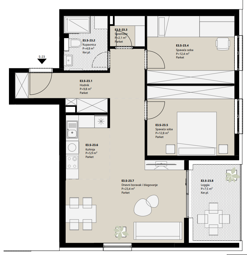 Projekt Frankopanska - 2.5 sobni stan, 3
